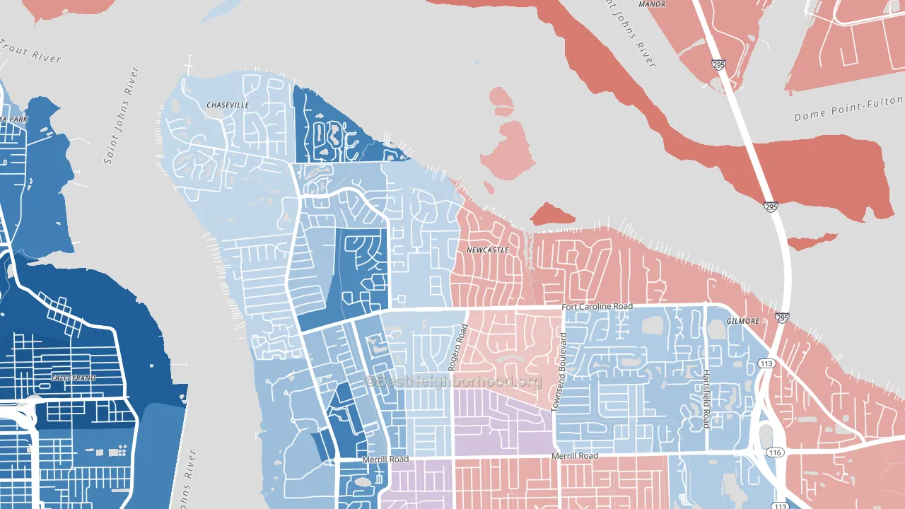 Woodmere, Jacksonville, FL block-group political-lean map
