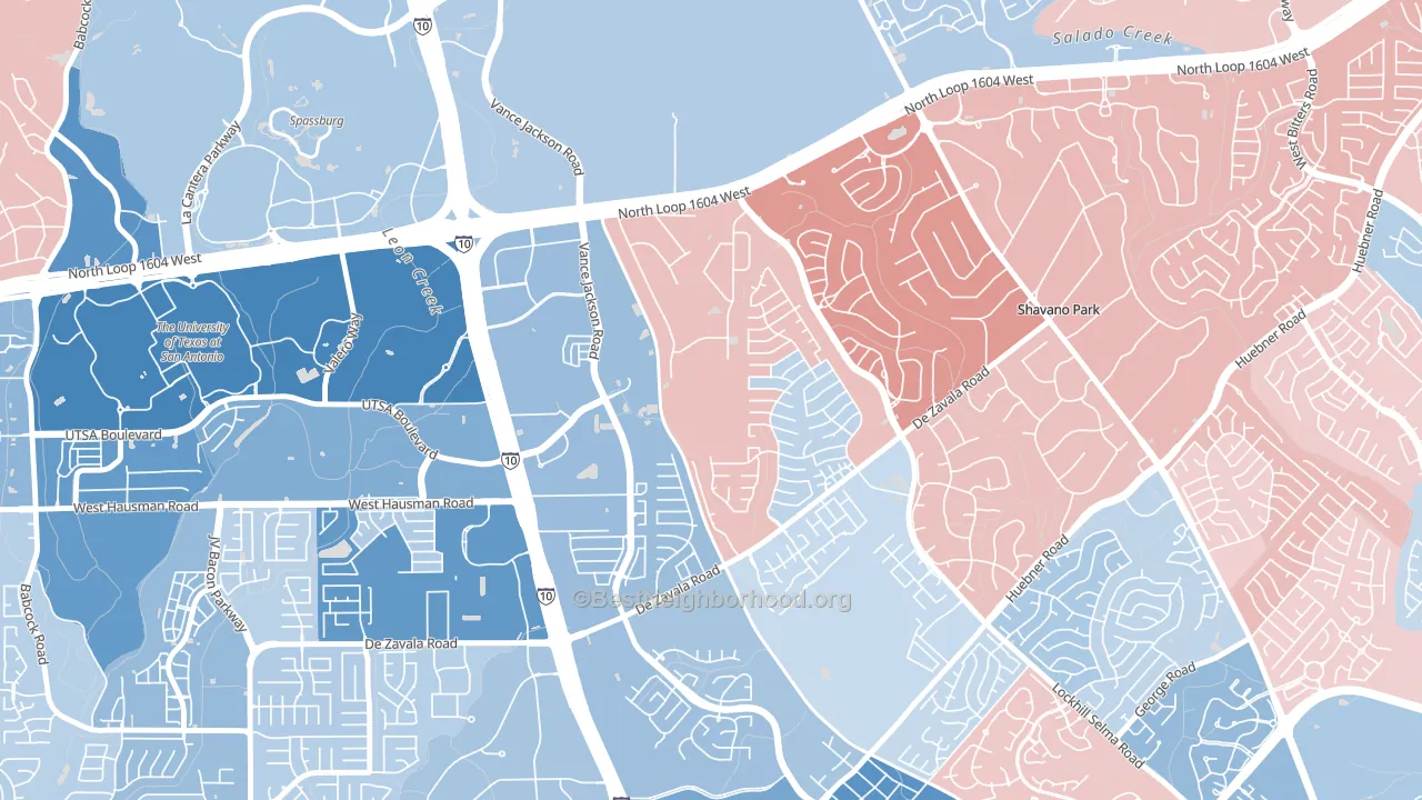 Woods of Shavano, San Antonio, TX block-group political-lean map