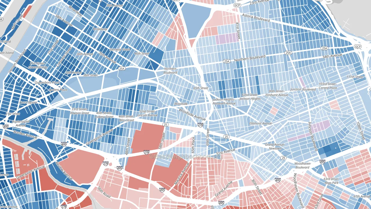 Woodside, Queens, NY block-group political-lean map