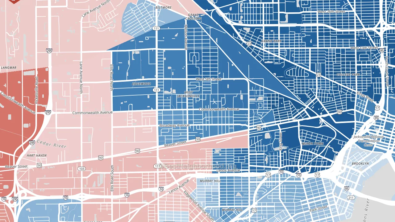 Woodstock, Jacksonville, FL block-group political-lean map