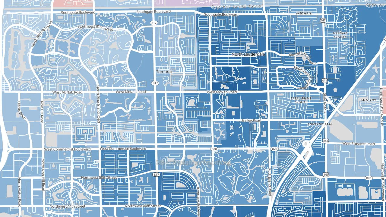 Woodville, North Lauderdale, FL block-group political-lean map