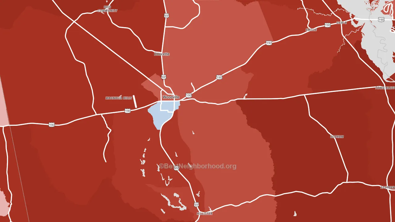 Woodville, TX block-group political-lean map