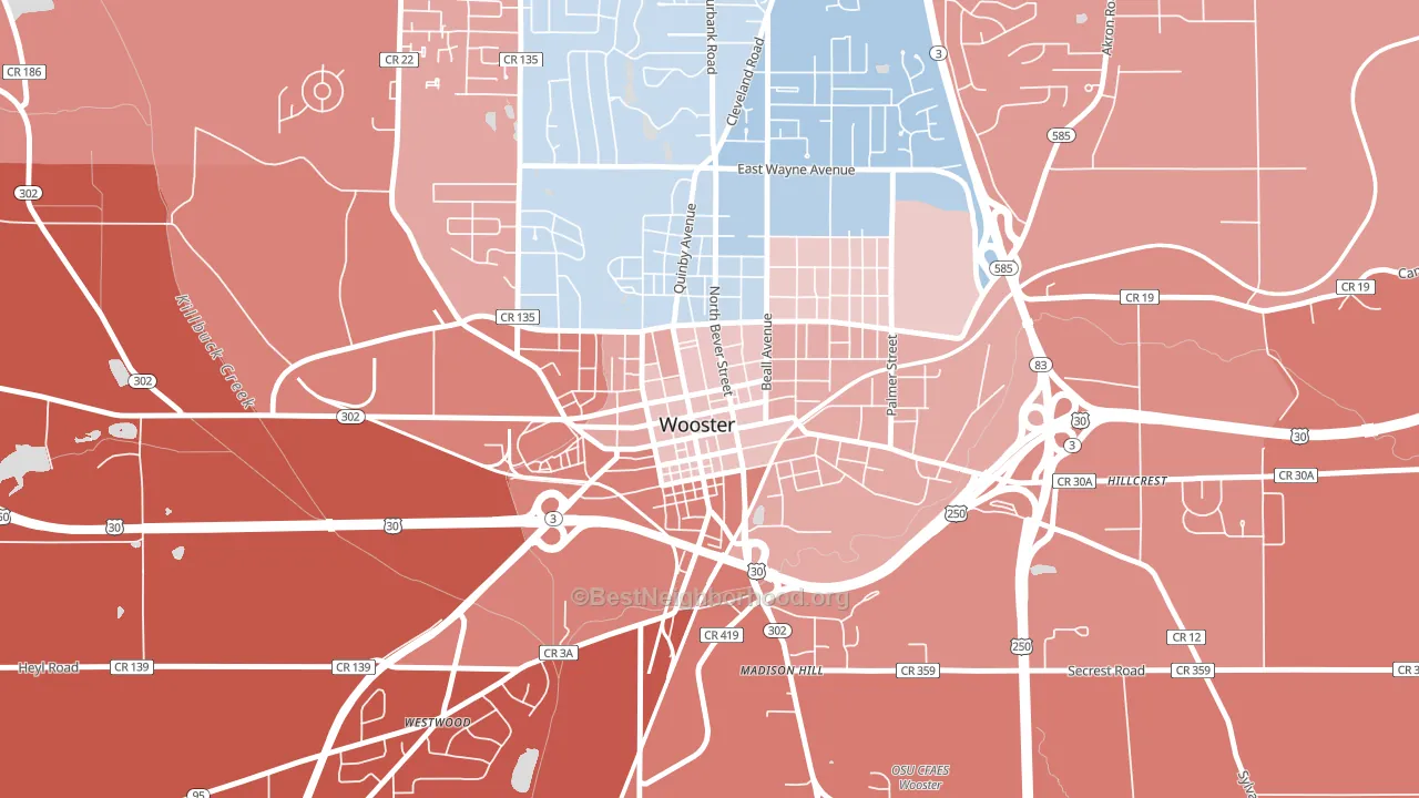 Wooster Public Square Historic District, Wooster, OH block-group political-lean map