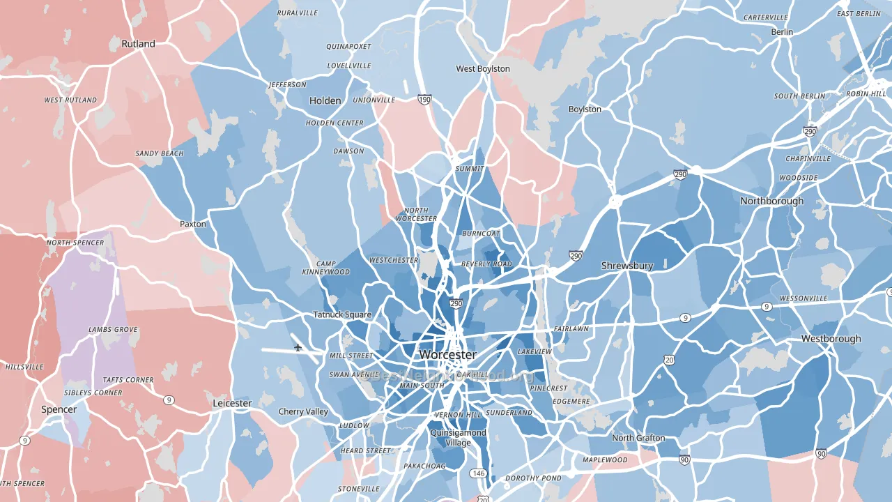 Worcester County, MA block-group political-lean map