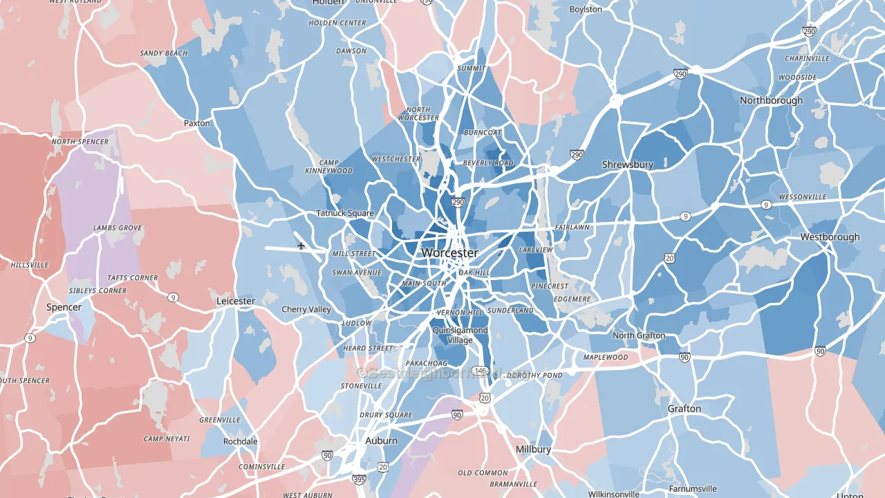 Worcester, MA block-group political-lean map