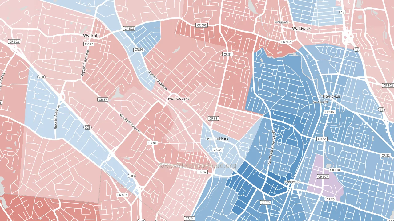 Wortendyke, Midland Park, NJ block-group political-lean map