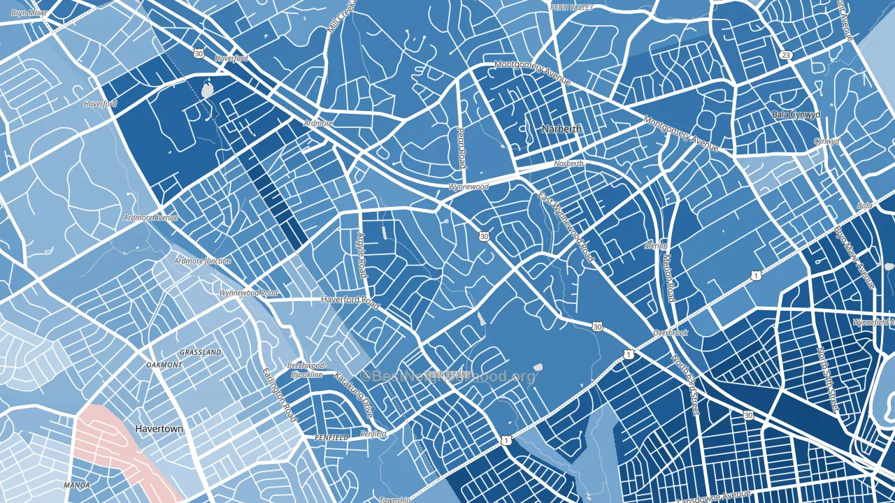 Wynnewood, PA block-group political-lean map