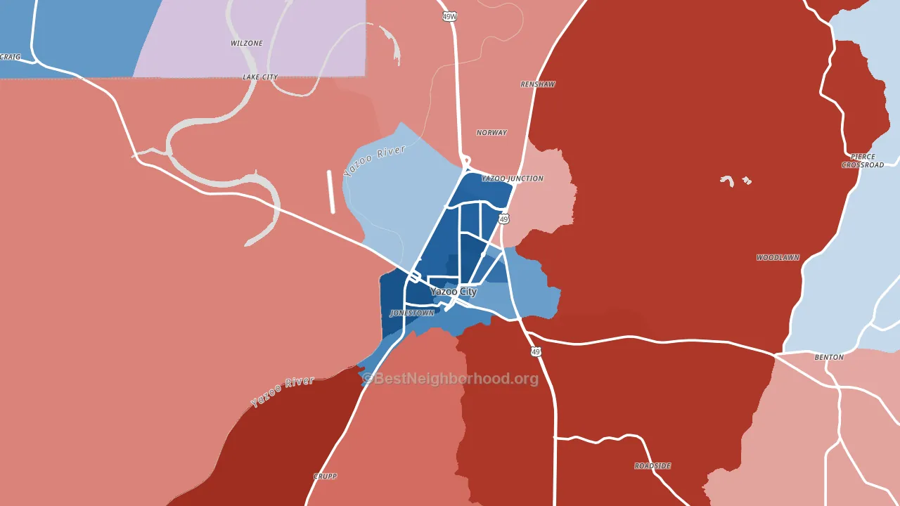 Yazoo City, MS block-group political-lean map