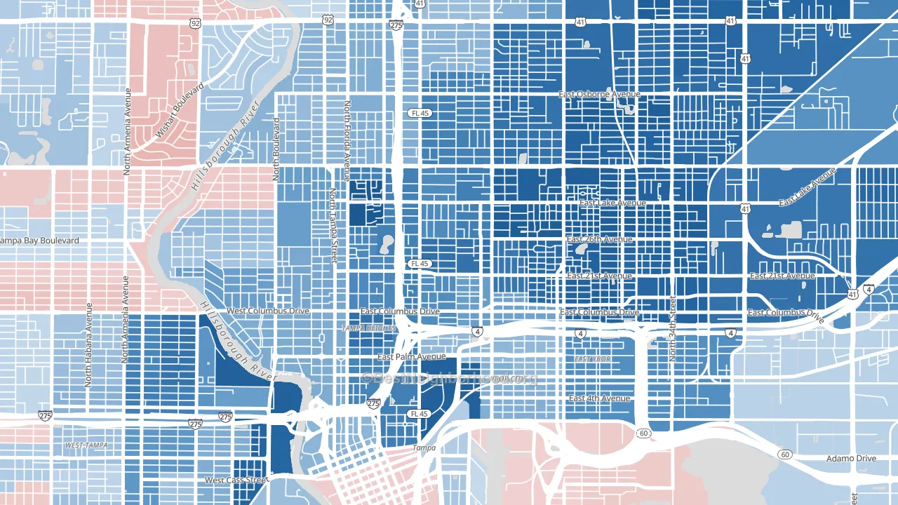 Ybor City, Tampa, FL block-group political-lean map