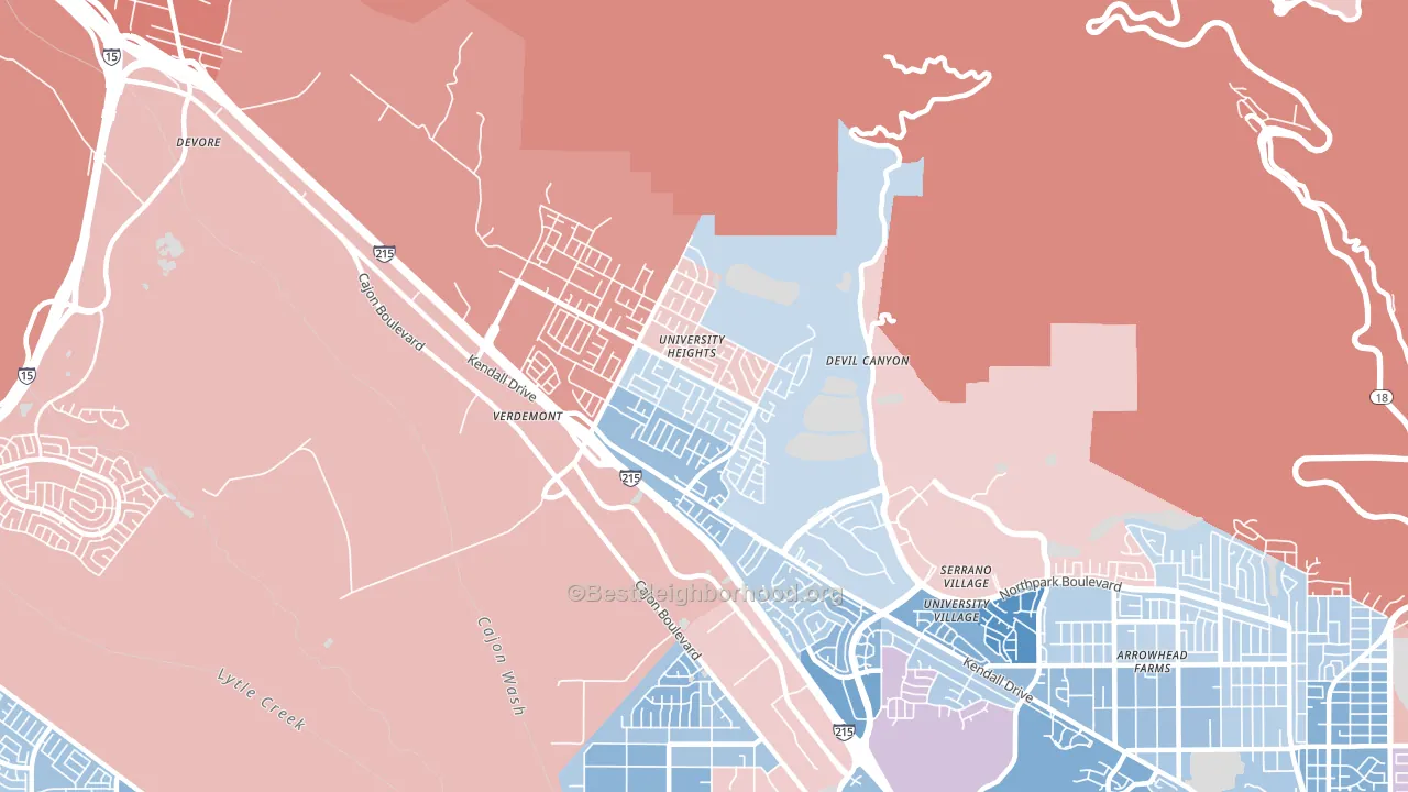 Yerdemont, San Bernardino, CA block-group political-lean map