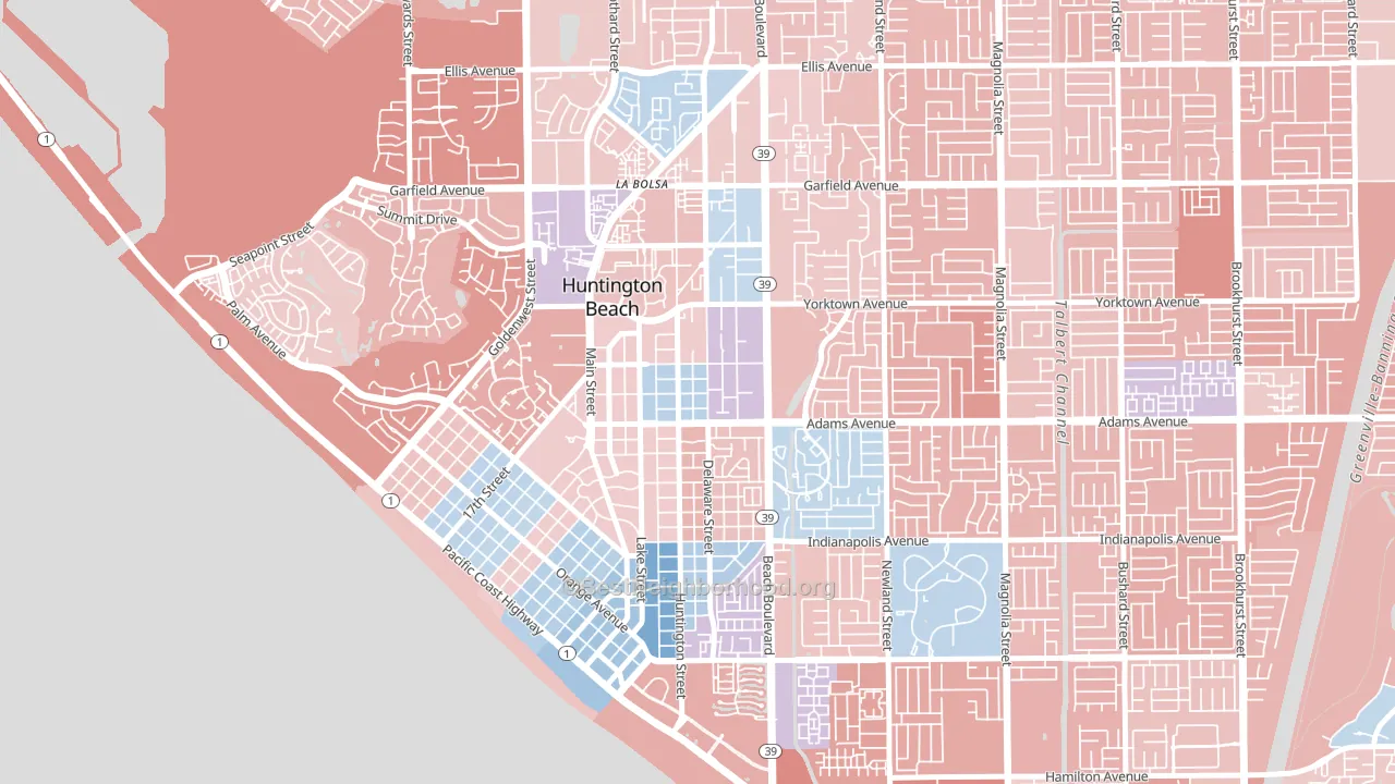 Yorktown, Huntington Beach, CA block-group political-lean map