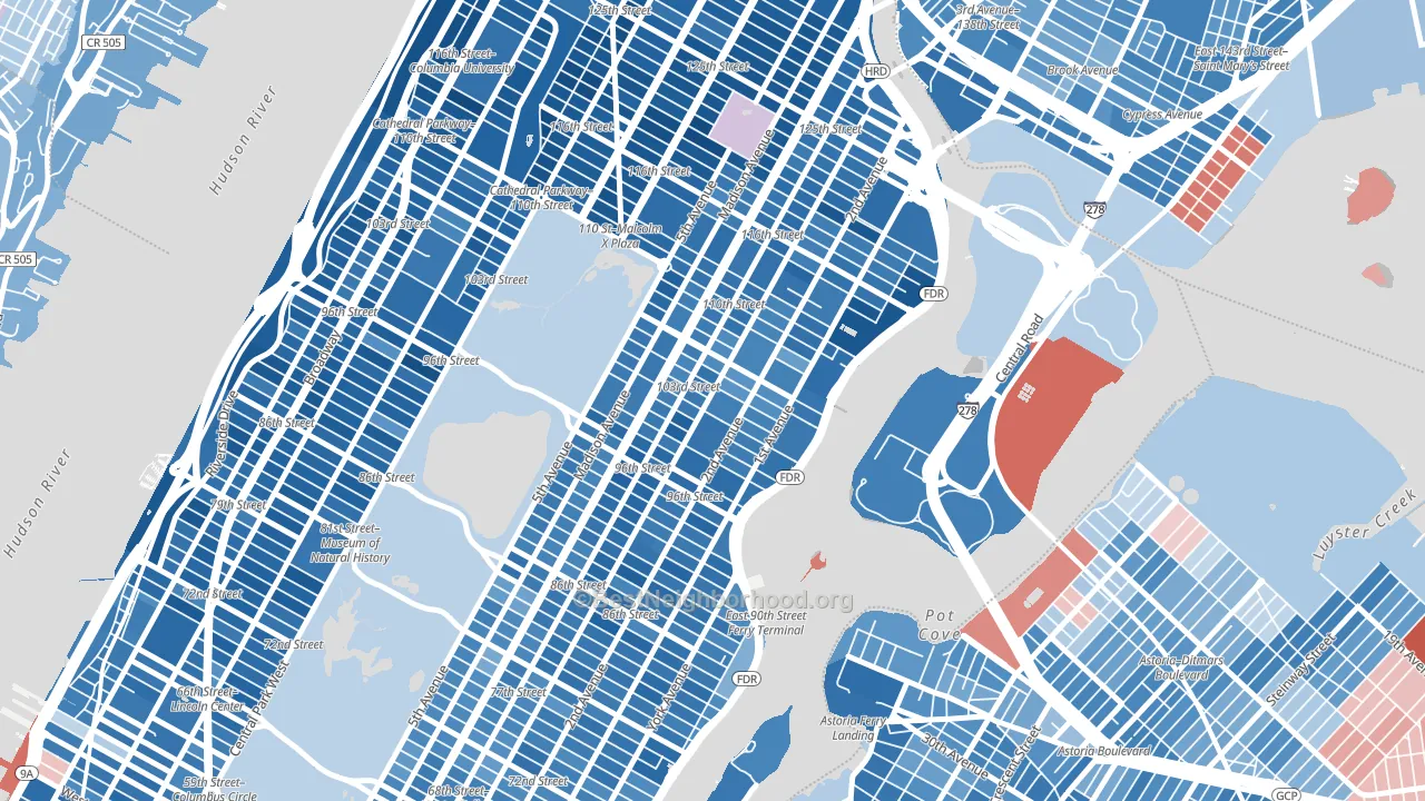 Yorkville, Manhattan, NY block-group political-lean map