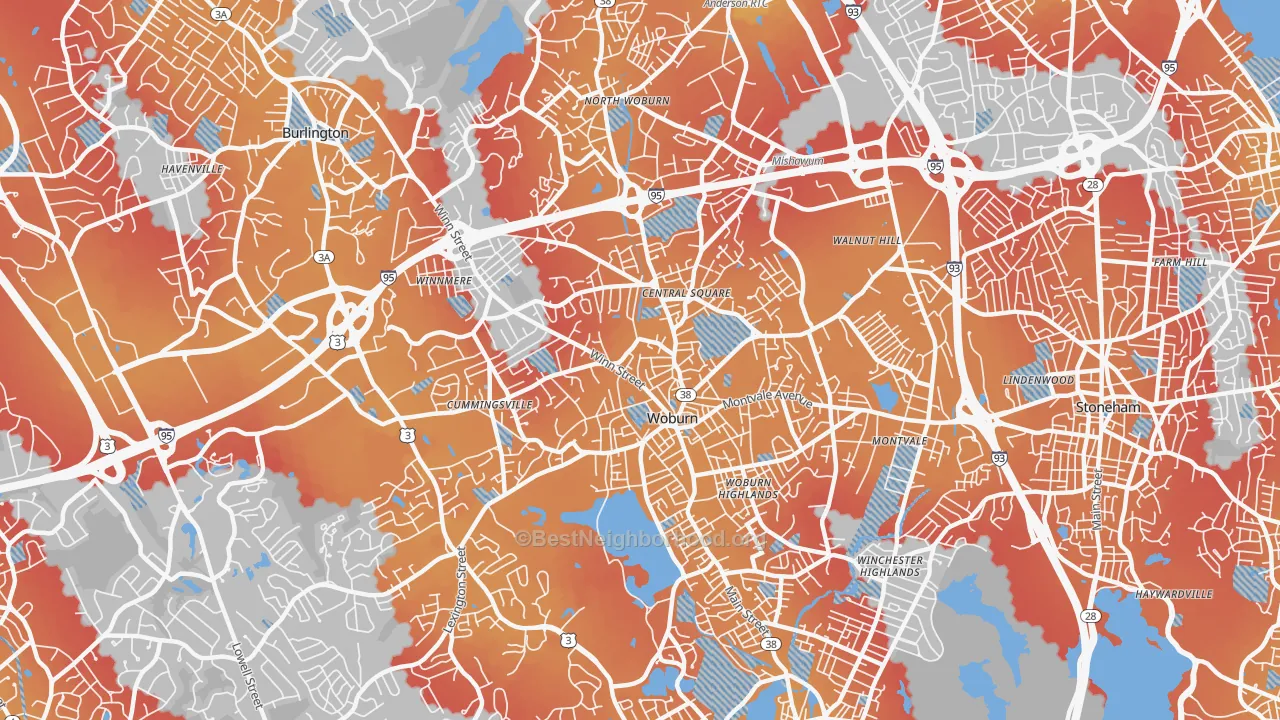 Transit Grade map of 01801, MA