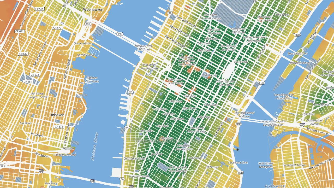 Transit Grade map of 10001, NY