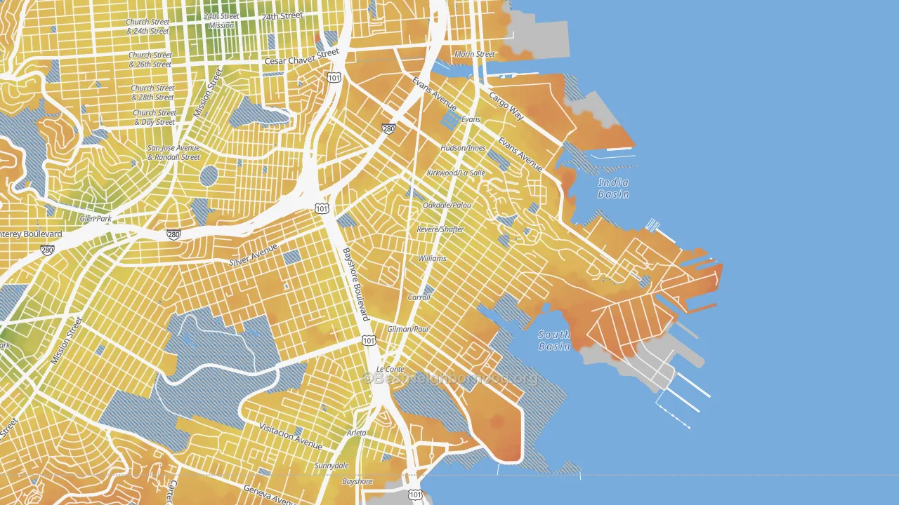 Transit Grade map of 94124, CA
