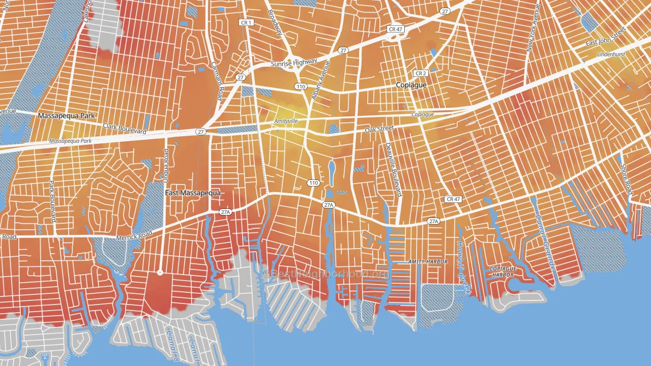 Transit Grade map of Amityville, NY