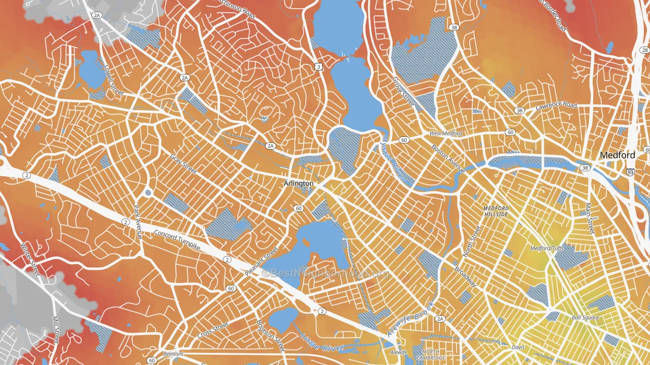Transit Grade map of Arlington Center, Arlington, MA