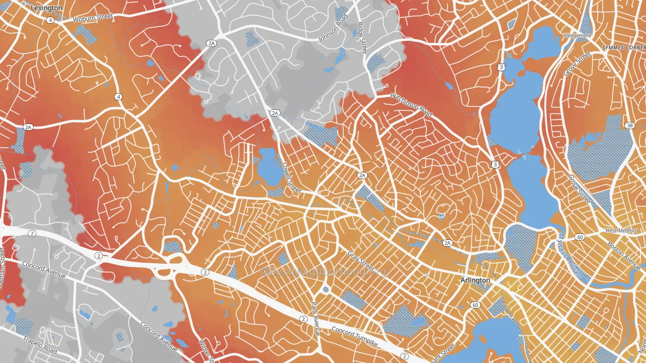 Transit Grade map of Arlington Heights, Arlington, MA