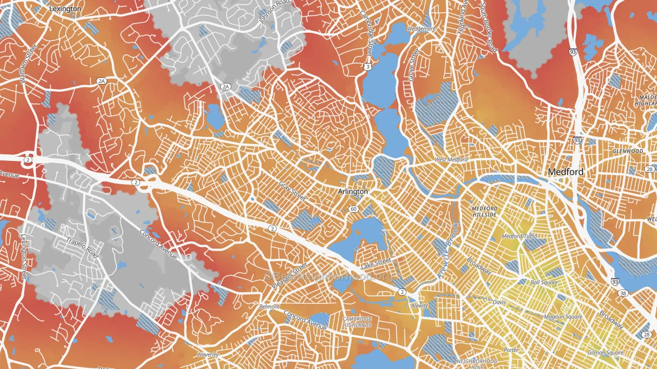 Transit Grade map of Arlington, MA
