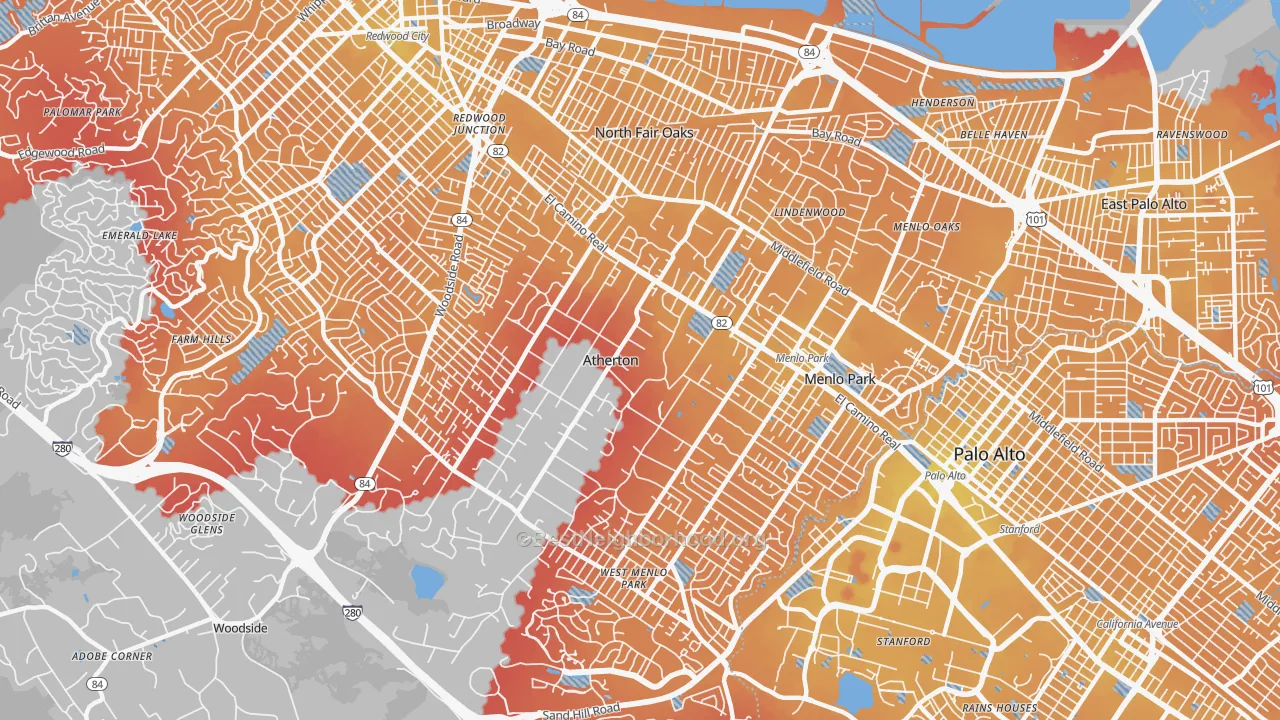 Transit Grade map of Atherton, CA