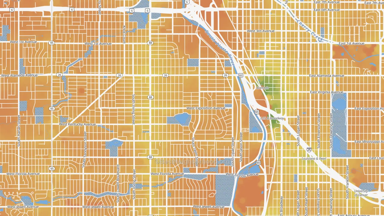 Transit Grade map of Athmar Park, Denver, CO