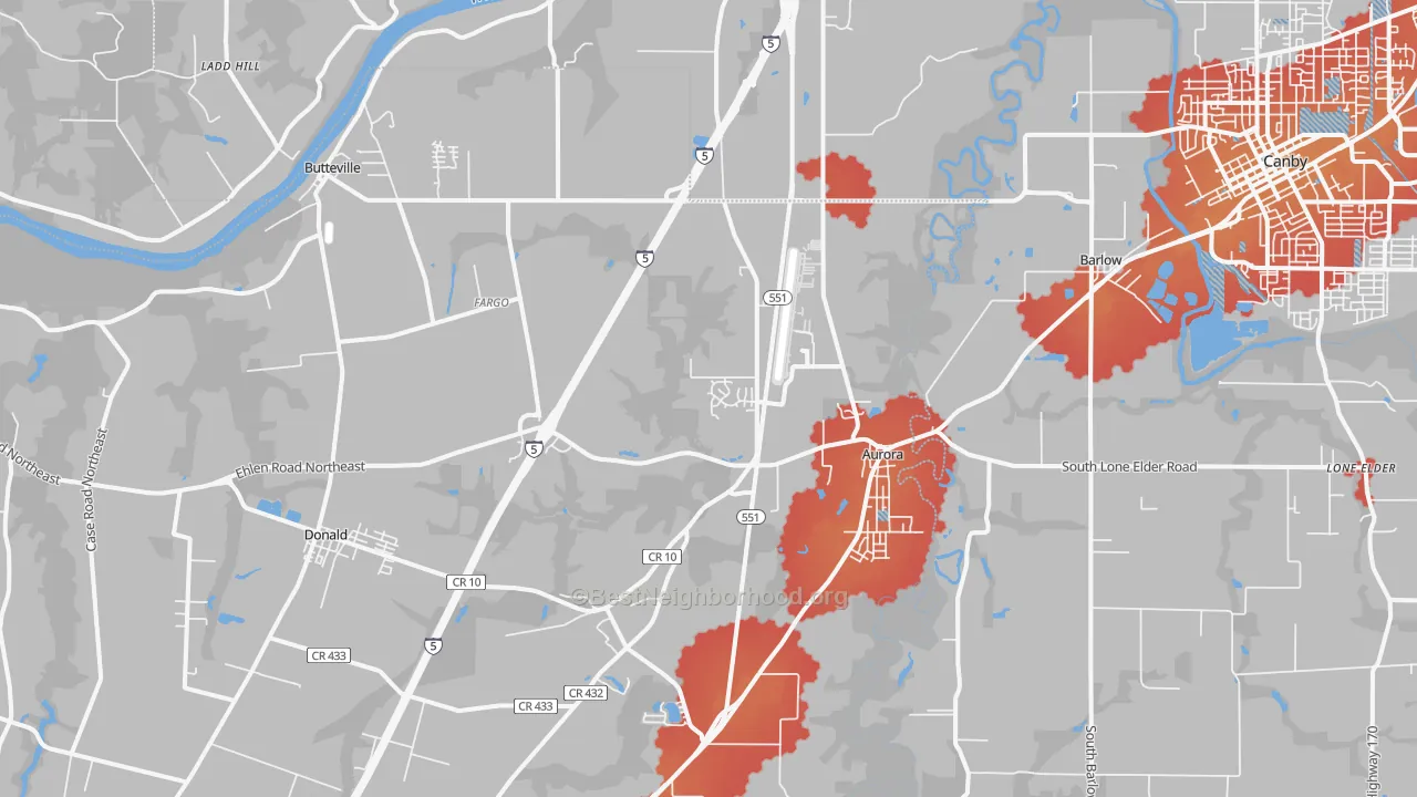 Transit Grade map of Aurora, OR