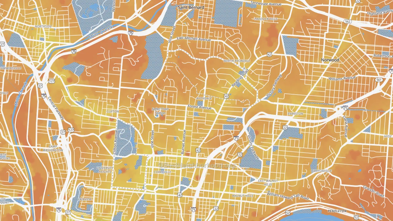 Transit Grade map of Avondale, Cincinnati, OH