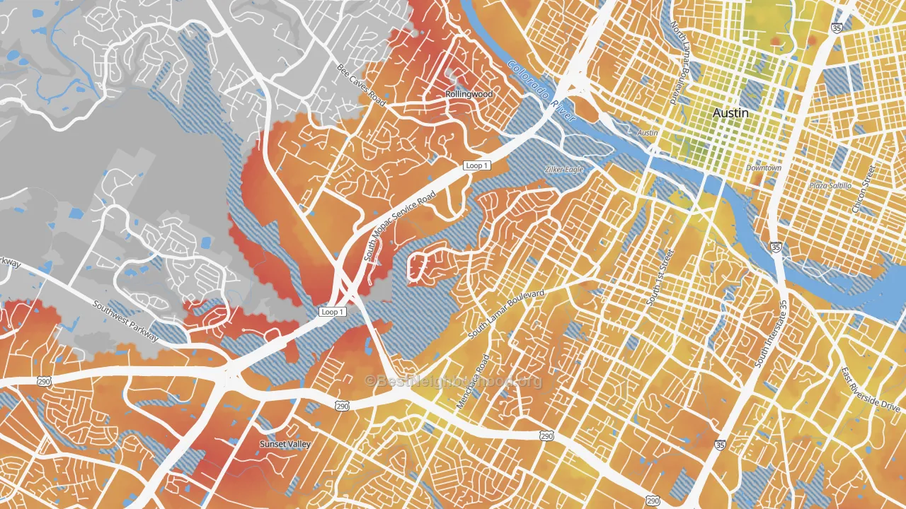Transit Grade map of Barton Hills, Austin, TX