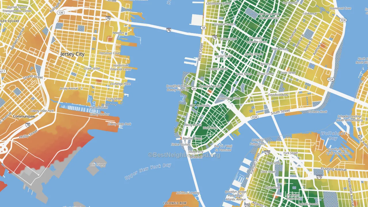 Transit Grade map of Battery Park, Manhattan, NY