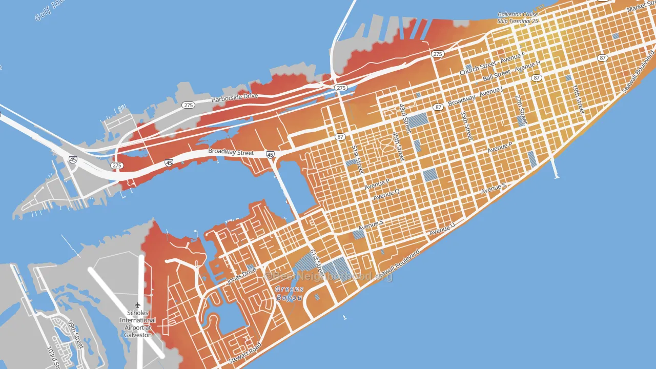Transit Grade map of Bayou Shore, Galveston, TX
