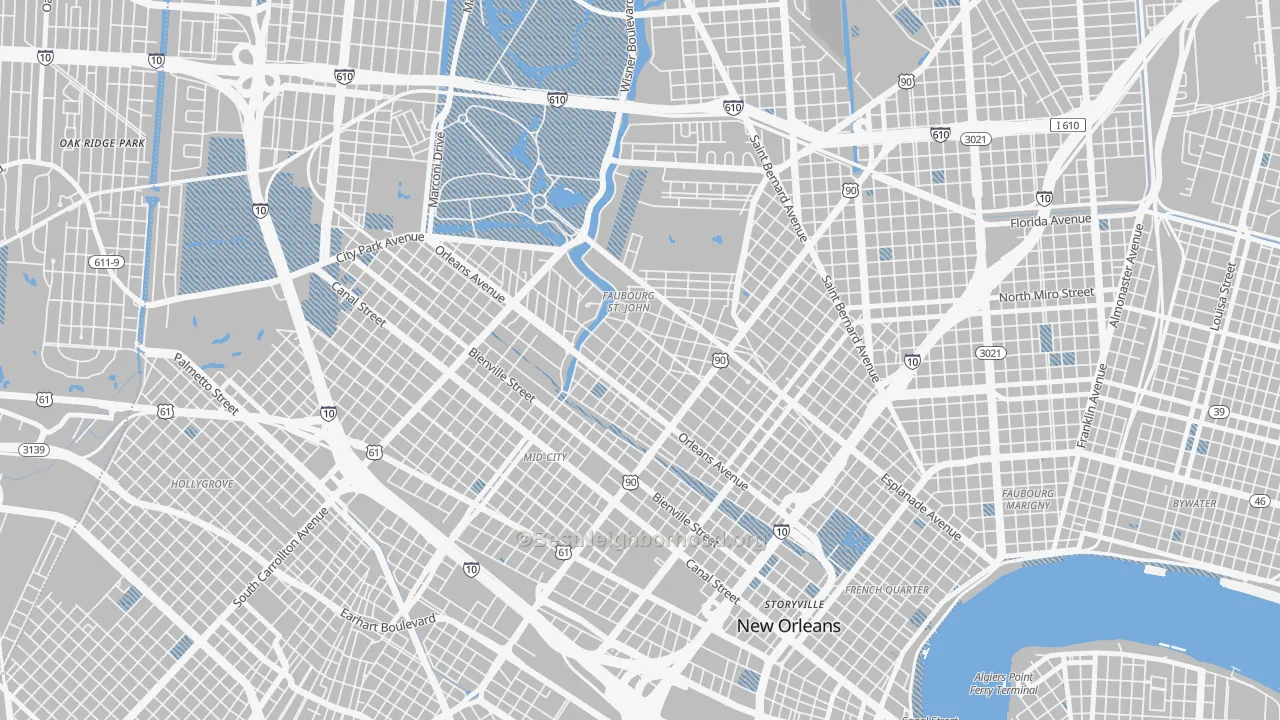 Transit Grade map of Bayou St John, New Orleans, LA