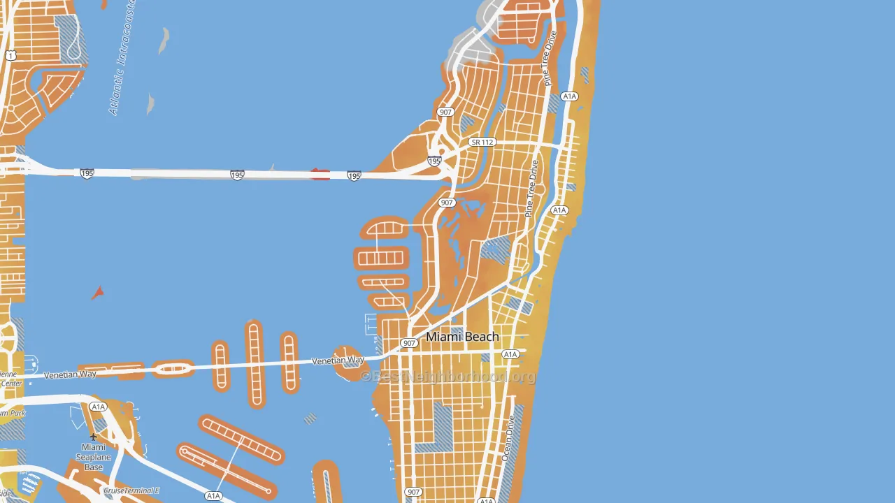 Transit Grade map of Bayshore, Miami Beach, FL