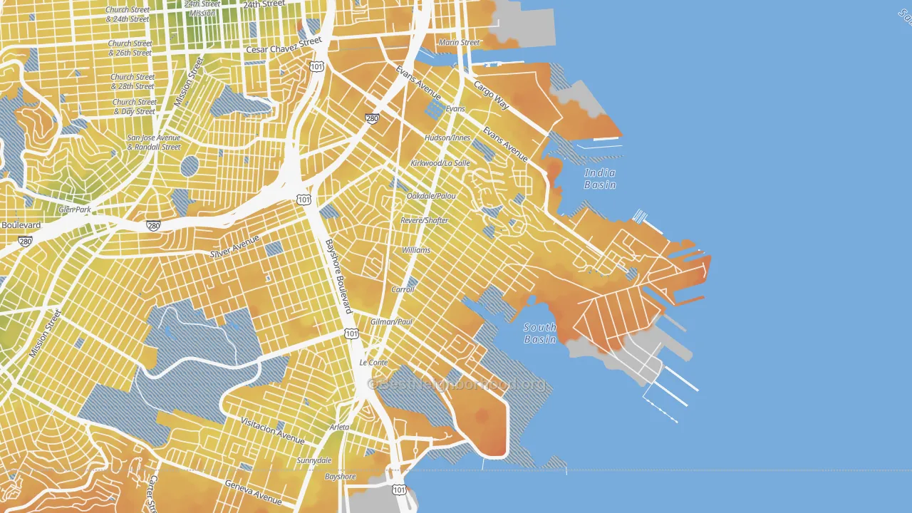 Transit Grade map of Bayview, San Francisco, CA