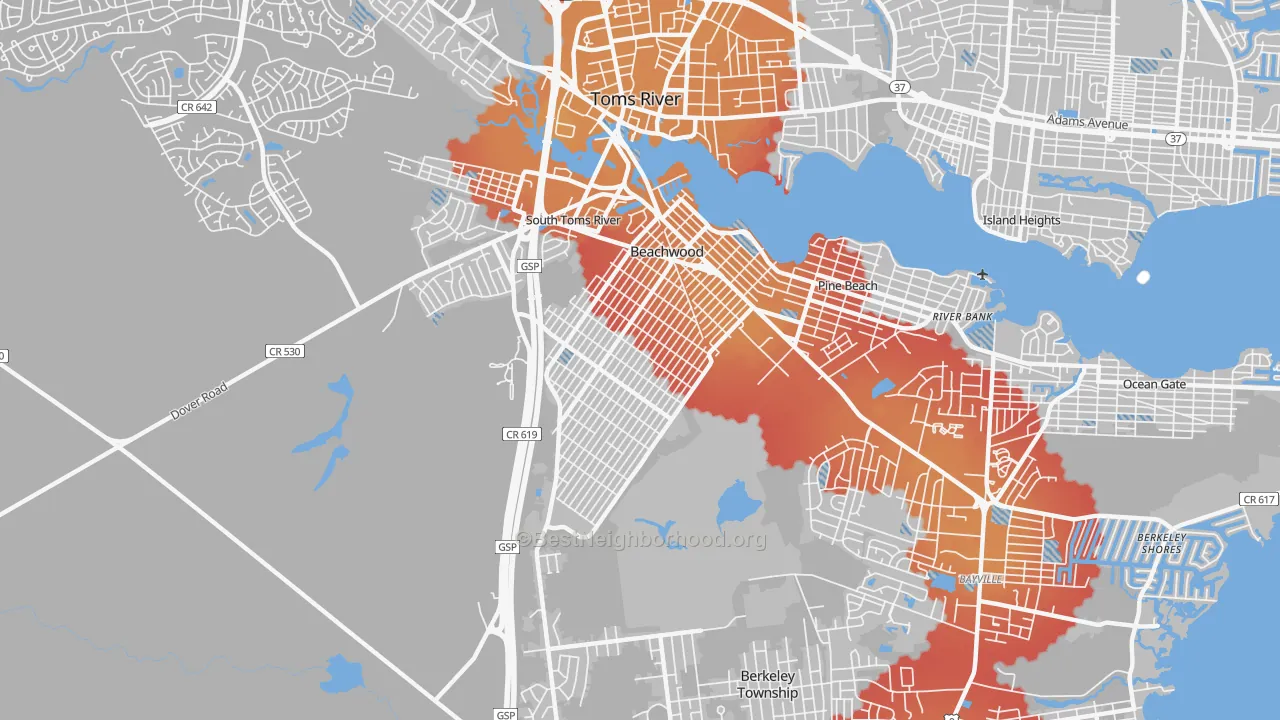 Transit Grade map of Beachwood, NJ