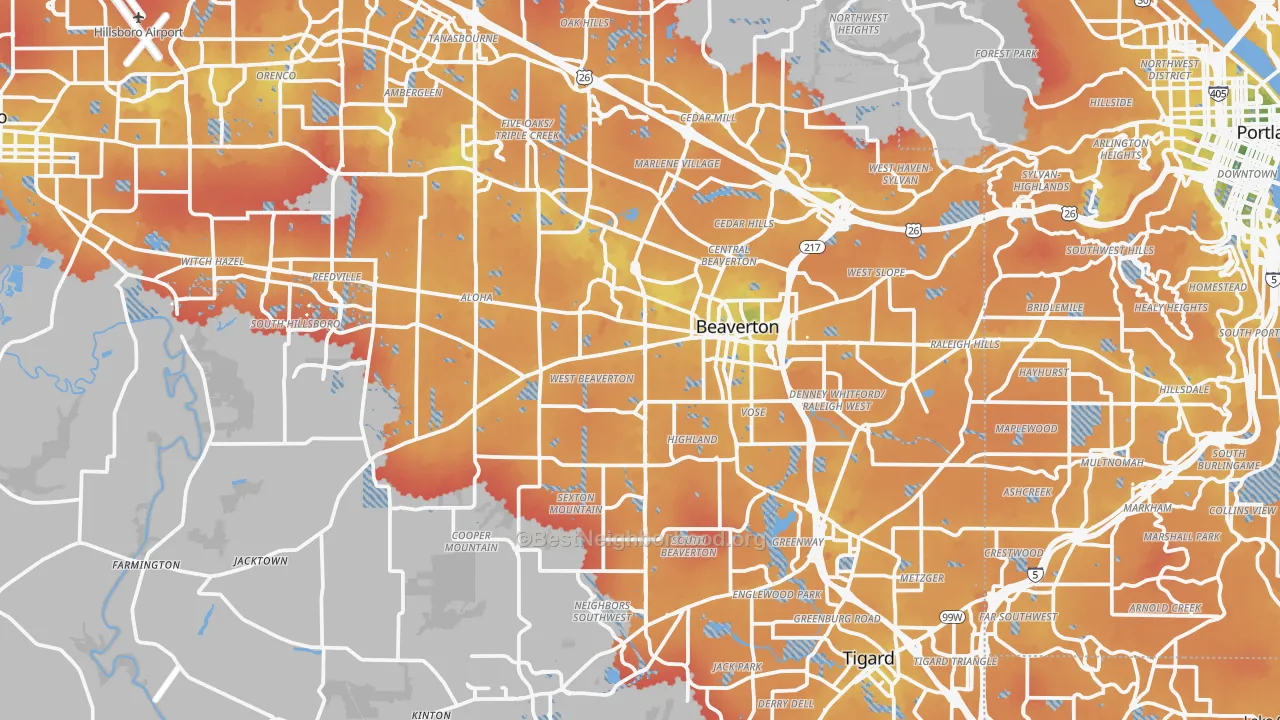 Transit Grade map of Beaverton, OR