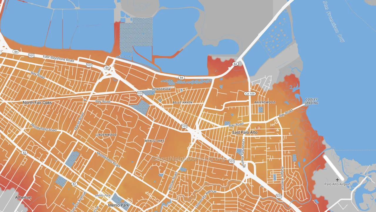 Transit Grade map of Belle Haven, Menlo Park, CA