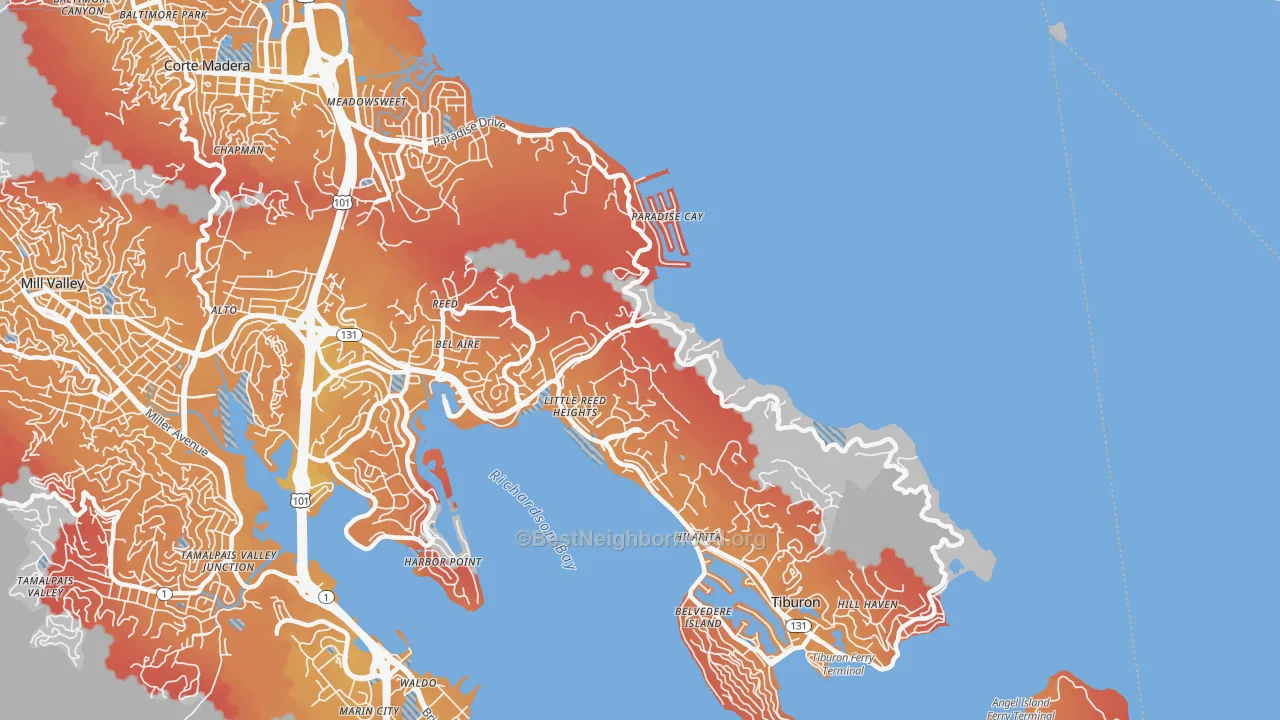 Transit Grade map of Belvedere-Tiburon, CA