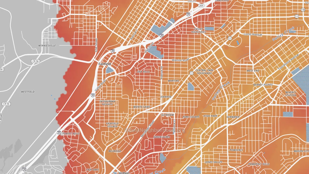 Transit Grade map of Belview Heights, Birmingham, AL