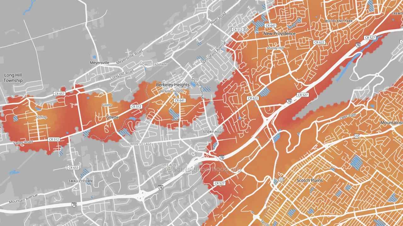 Transit Grade map of Berkeley Heights, NJ