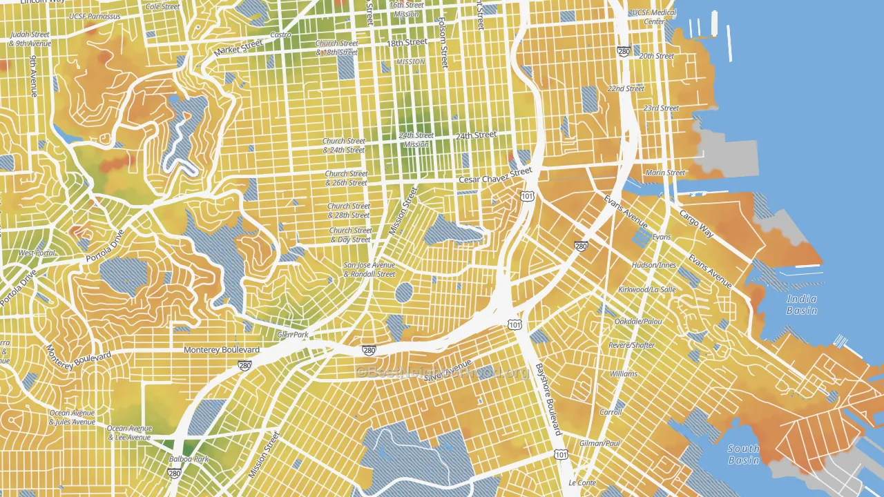 Transit Grade map of Bernal Heights, San Francisco, CA