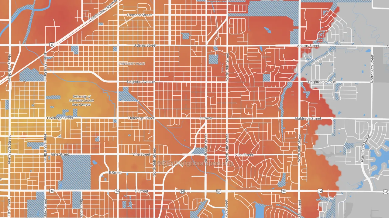 Transit Grade map of Bethany, Lincoln, NE