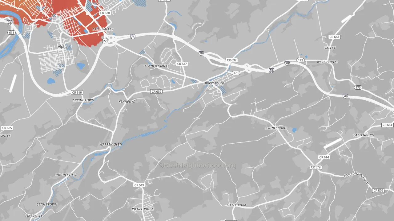 Transit Grade map of Bloomsbury, NJ