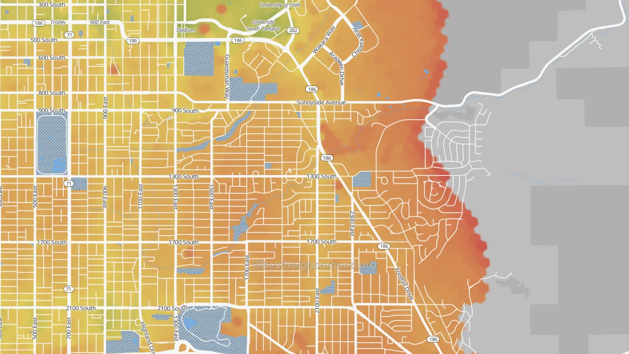 Transit Grade map of Bonneville Hills, Salt Lake City, UT
