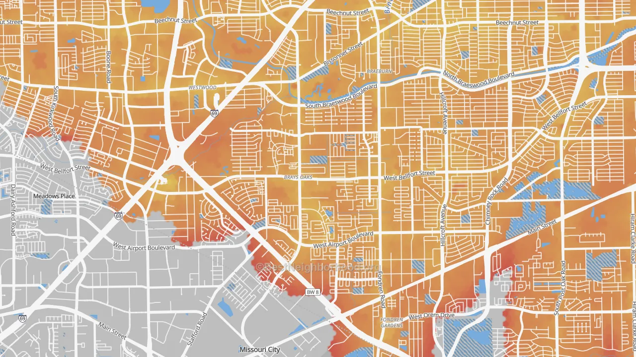 Transit Grade map of Brays Oaks, Houston, TX