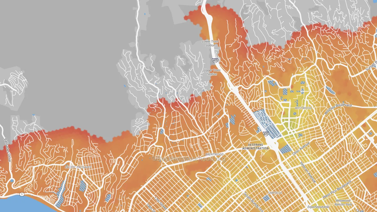 Transit Grade map of Brentwood, Los Angeles, CA