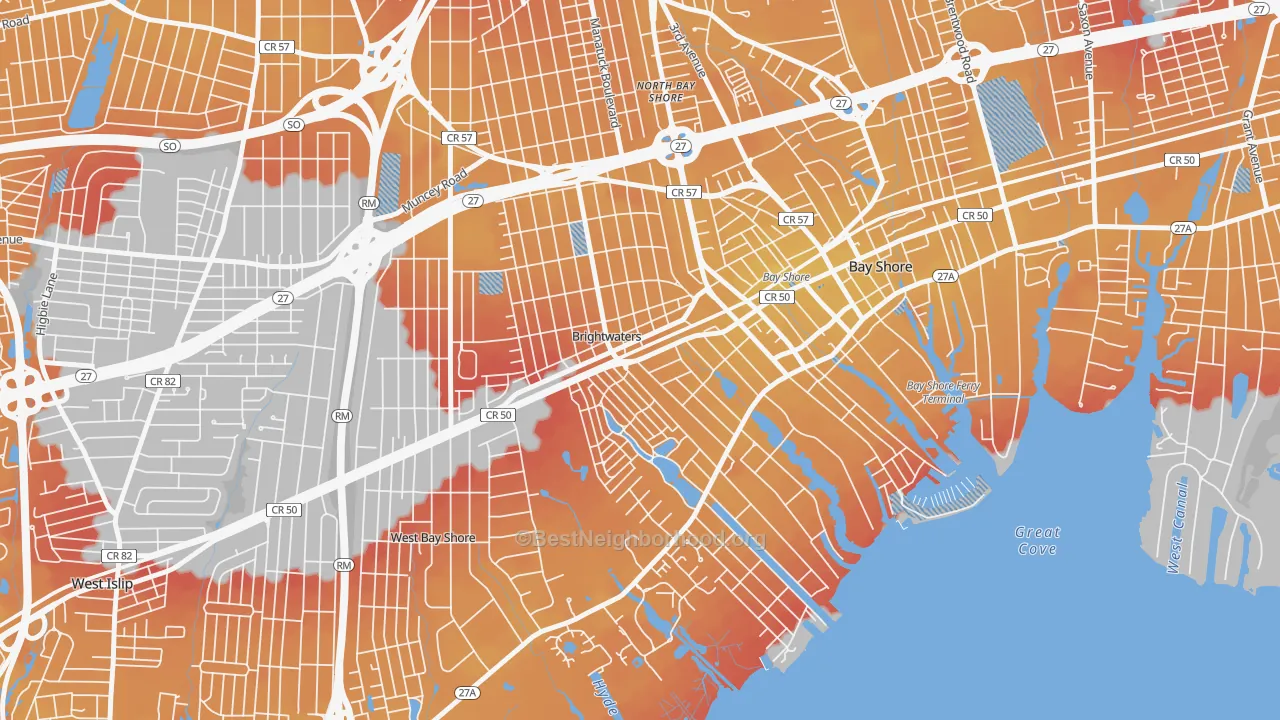 Transit Grade map of Brightwaters, NY