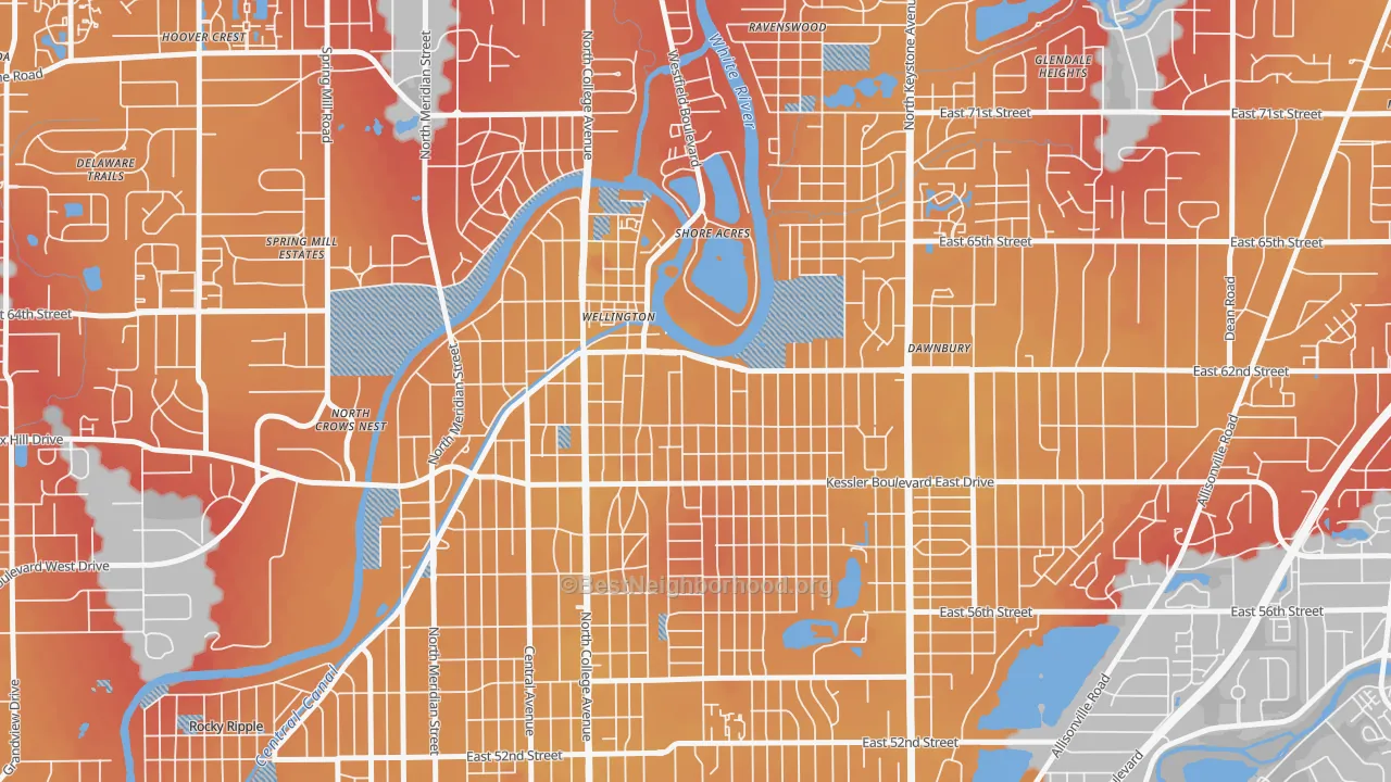 Transit Grade map of Broad Ripple, Indianapolis, IN