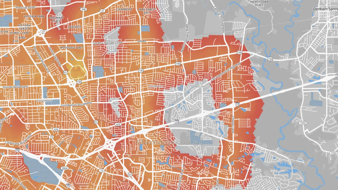 Transit Grade map of Broadmoor-Sherwood, Baton Rouge, LA