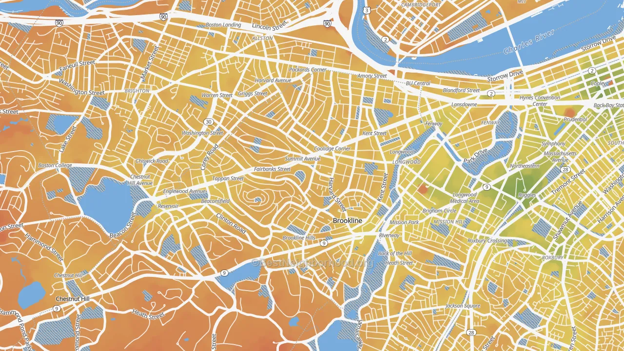 Transit Grade map of Brookline, MA