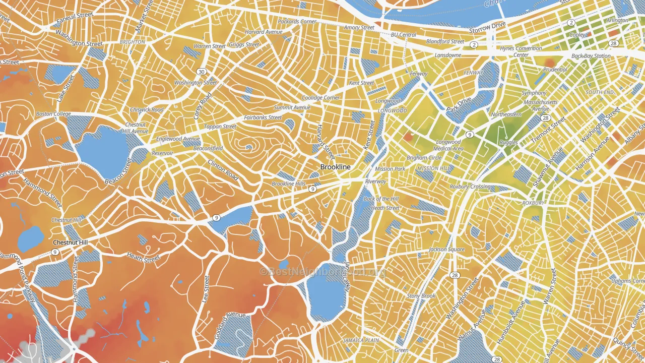 Transit Grade map of Brookline Village, Brookline, MA